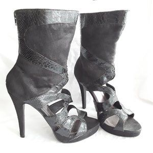 Spring black suede caged leather open calf boots